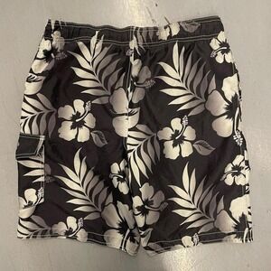 Sonoma Surfwear hibiscus print swim trunks with black and white highlights
